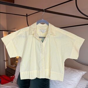 LOFT Light Yellow Striped Button-Up Crop Blouse